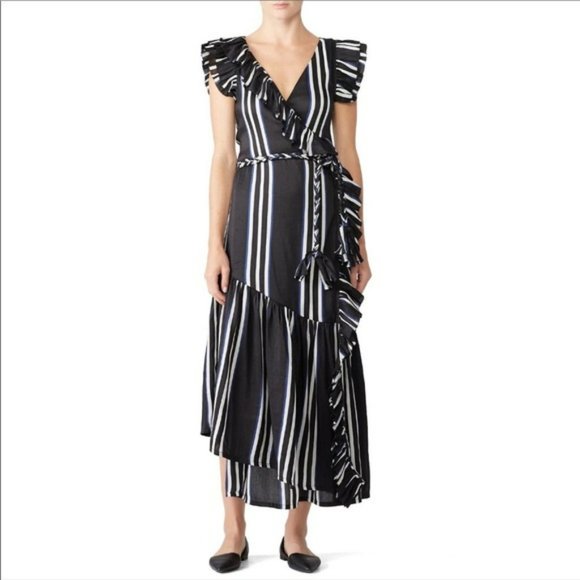 Apiece Apart  Costa Del Sol Ruffle Wrap maxi dress Linen Silk blend   striped W4 - Picture 1 of 16